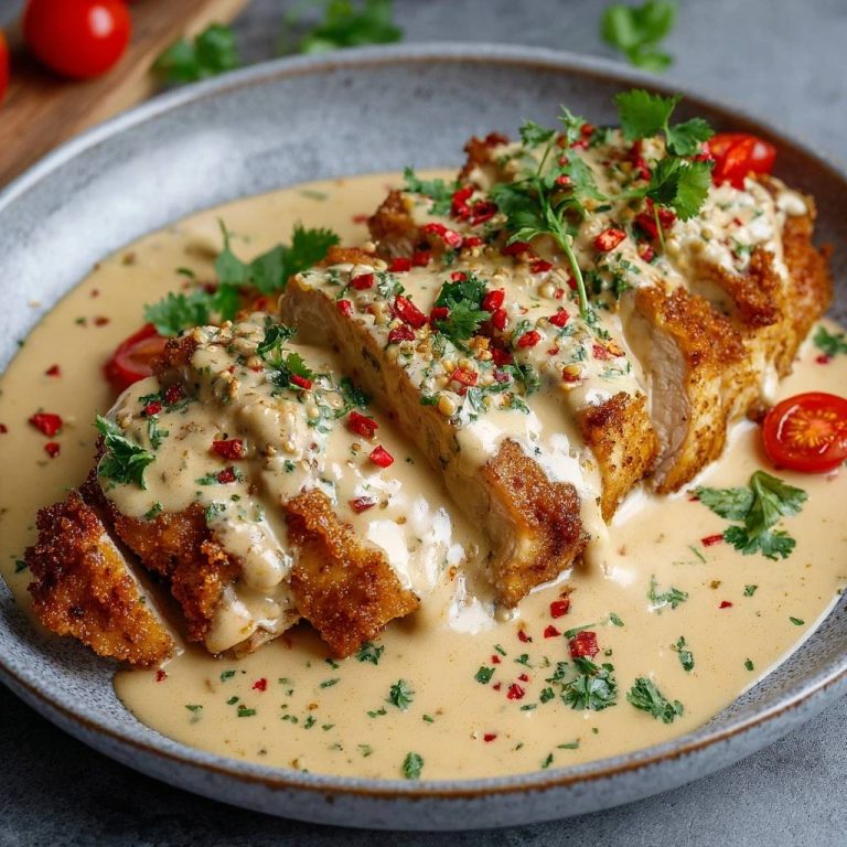 Knuspriges Hähnchen mit cremiger Chili-Sahnesoße, serviert auf einem Teller, garniert mit frischer Petersilie und roten Chiliflocken.