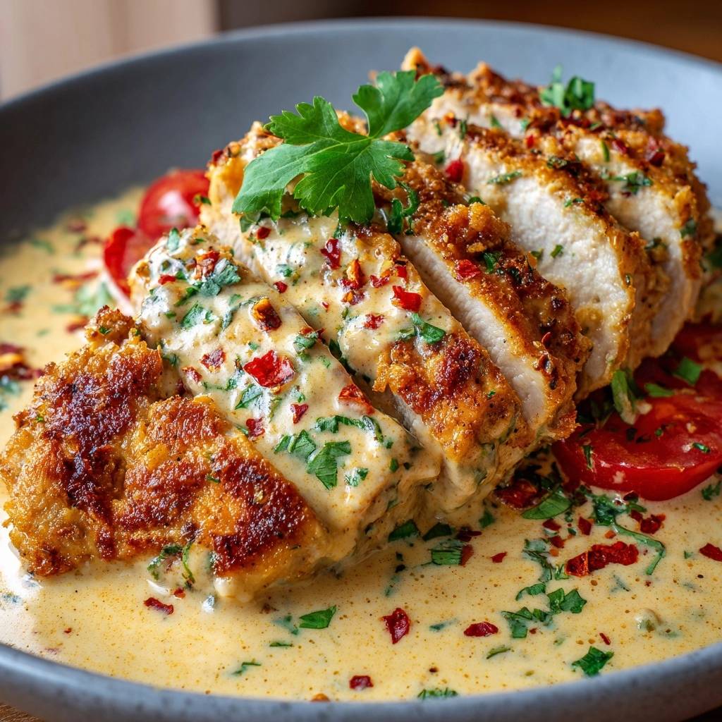 Knuspriges Hähnchen mit cremiger Chili-Sahnesoße, serviert auf einem Teller, zeigt den saftigen Querschnitt des gebratenen Hähnchens.