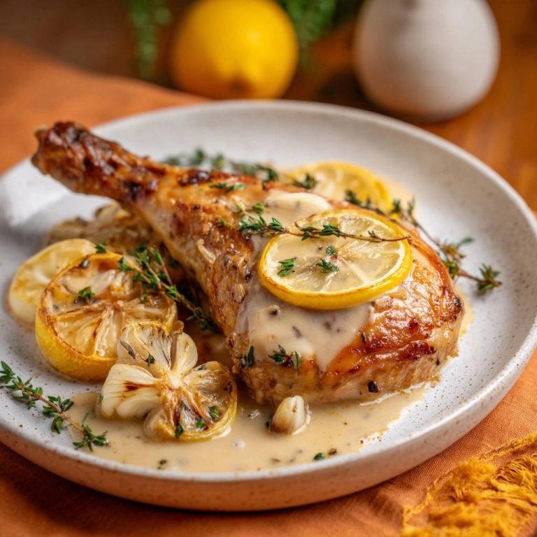 Knuspriges Hähnchen mit Zitronen-Thymian-Sauce serviert auf einem Teller, mit Zitronenscheiben und frischem Thymian garniert.