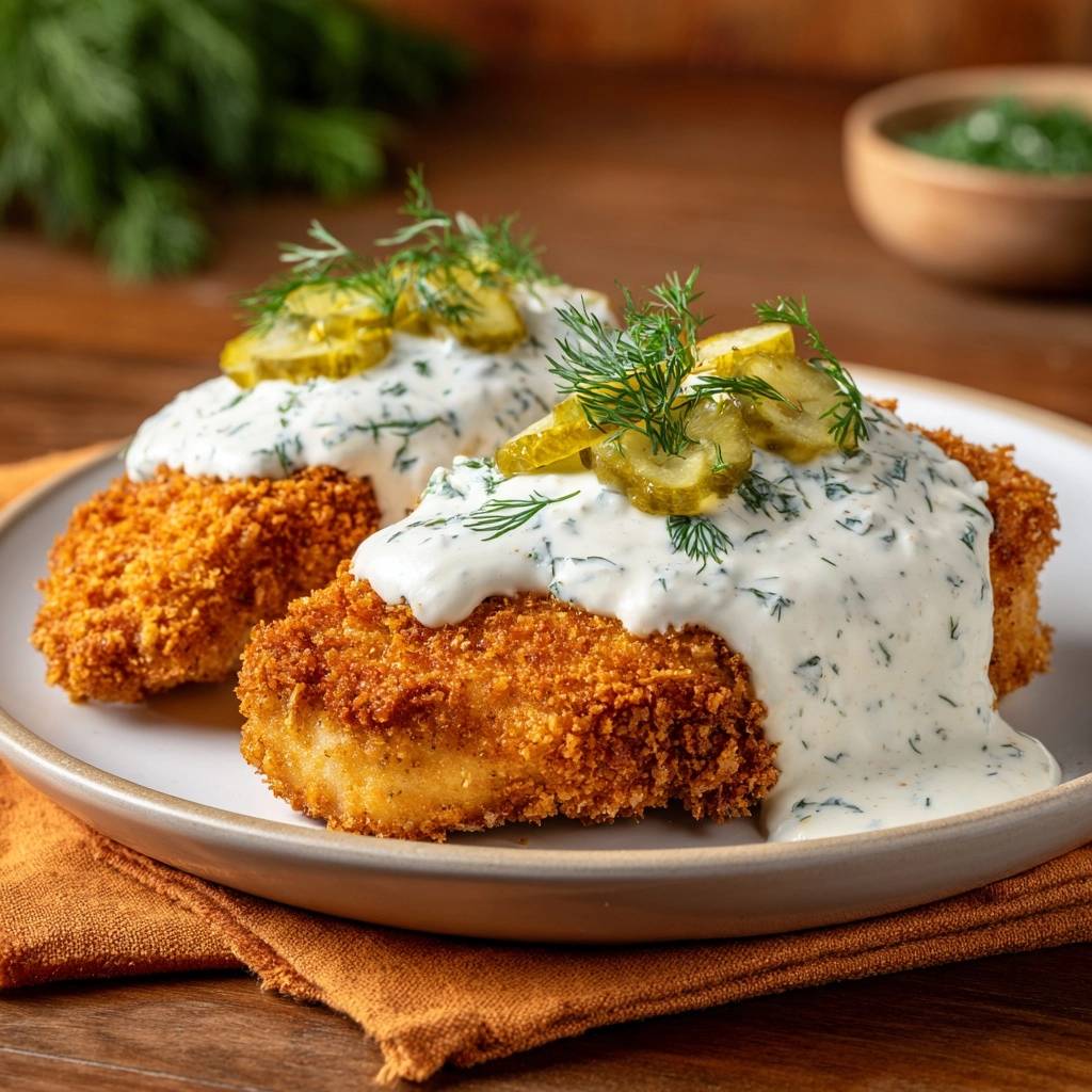 Knuspriges Paniertes Huhnchen Mit Dill Gurkensauce Serviert 1 Knuspriges paniertes Hähnchen mit Dill-Gurkensauce serviert auf einem Teller, garniert mit frischem Dill und Gurkenscheiben. Ein köstliches Gericht für Feinschmecker.