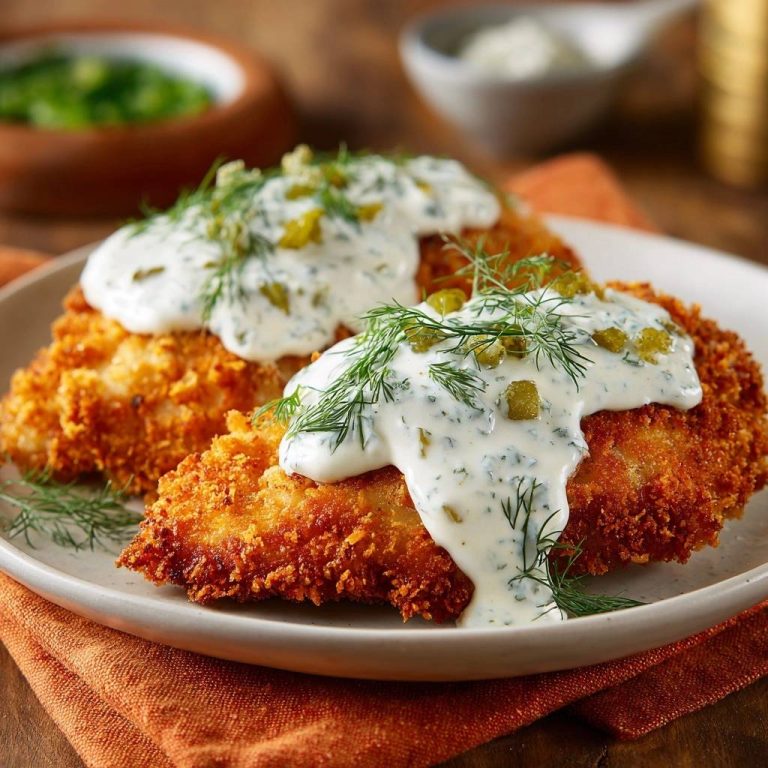 Knuspriges paniertes Hähnchen mit Dill-Gurkensauce serviert auf einem Teller, garniert mit frischem Dill und saftiger Sauce.
