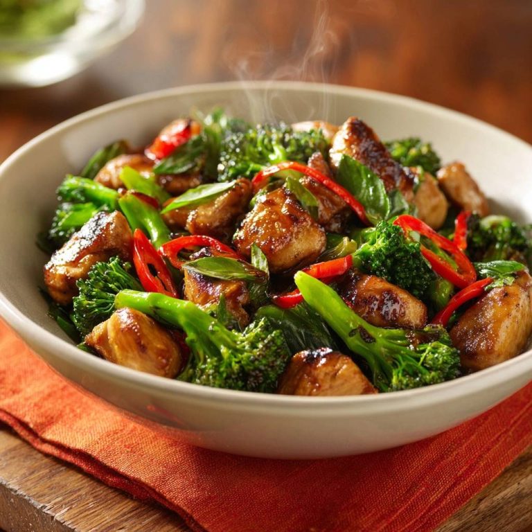 Knuspriges Wok-Hähnchen mit Brokkoli in einer Nahaufnahme, dampfend serviert mit frischem Gemüse und Chiliringen.