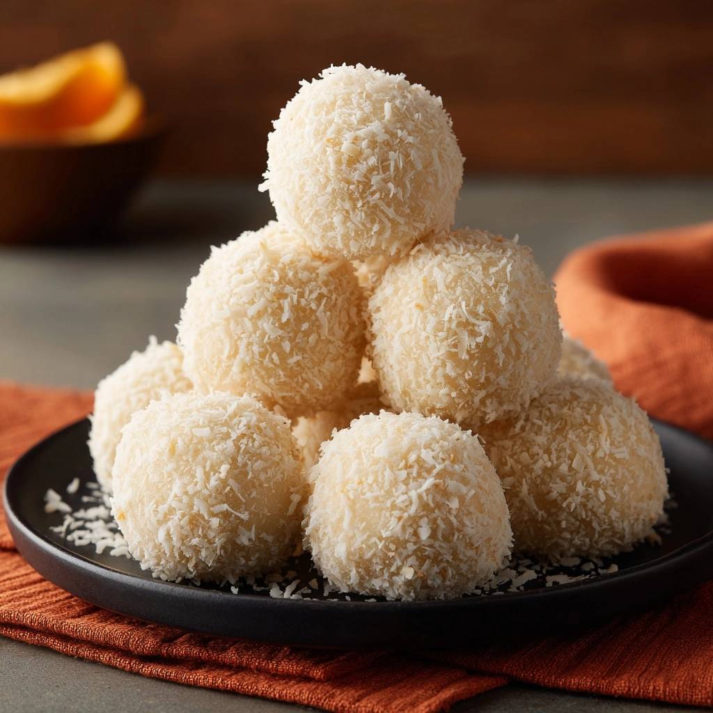 Kokos-Kürbis-Bällchen sind hier in einer Draufsicht auf einem schwarzen Teller serviert, mit Kokosraspeln umhüllt.
