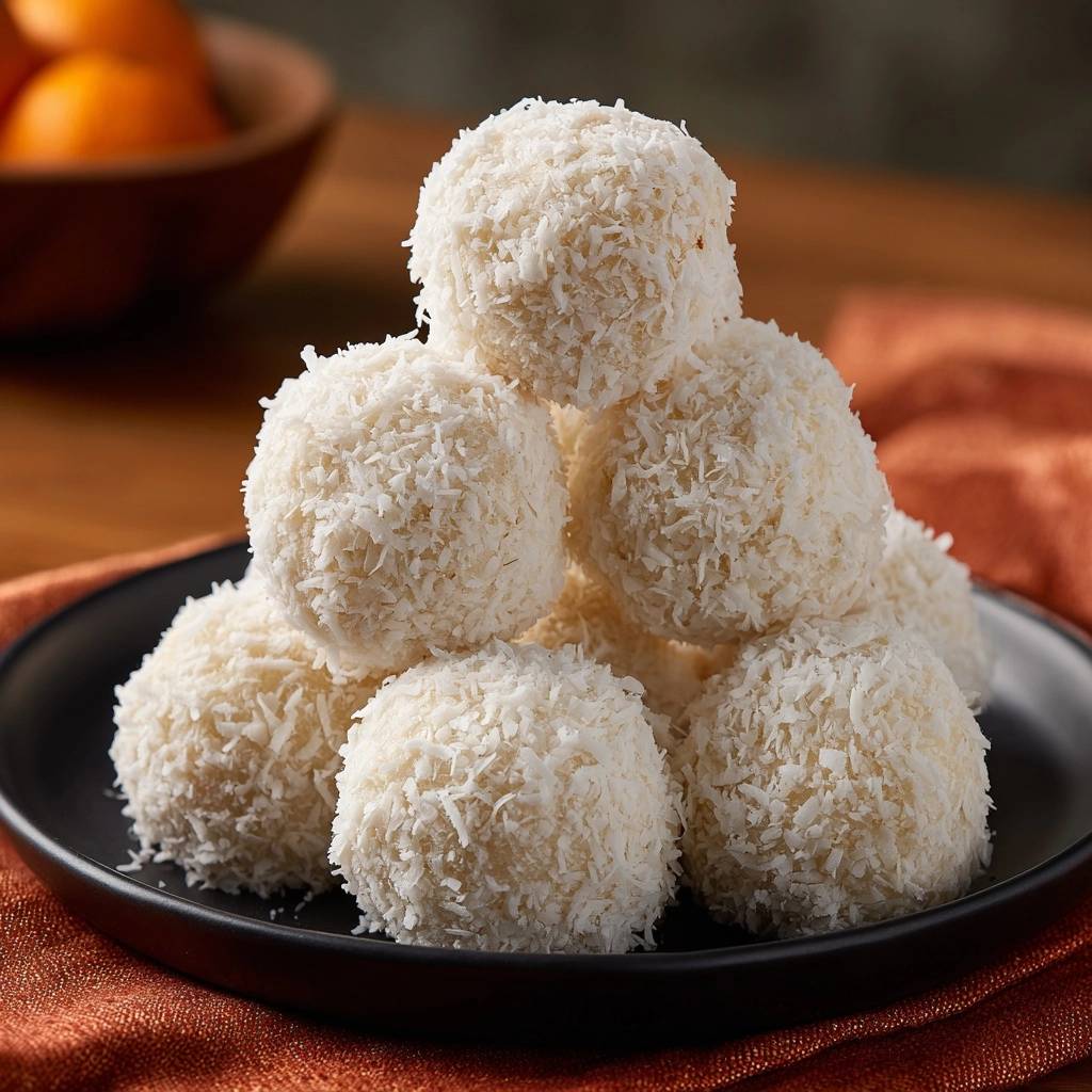 Kokos Kuerbis Baellchen Stapel Nahaufnahme 1 Kokos-Kürbis-Bällchen, ein Stapel auf schwarzer Platte, nahaufnahme der Kokosraspelschicht