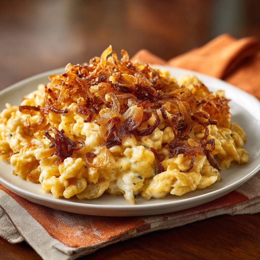 Käsespätzle mit knusprigen Röstzwiebeln, serviert auf einem Teller, mit goldbraunen Zwiebeln als Topping. Ein leckeres, deftiges Gericht.