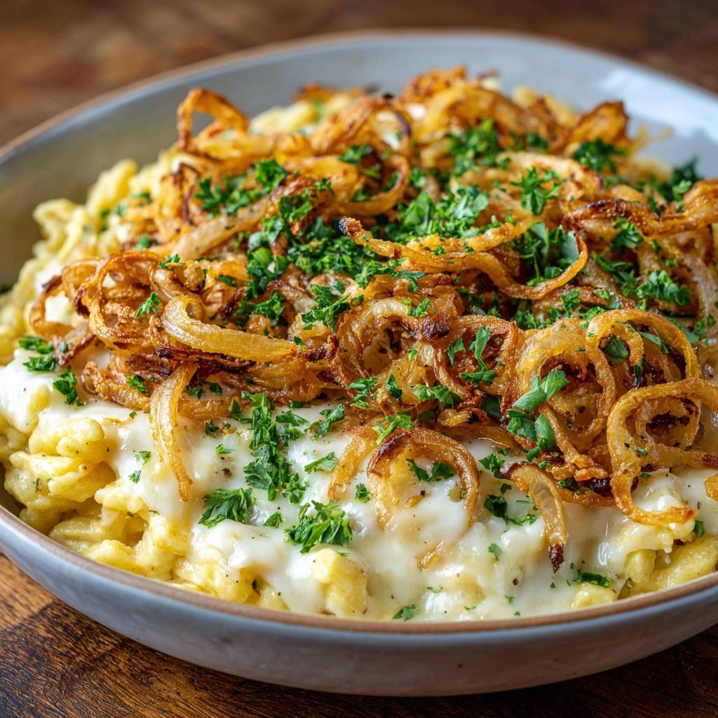 Käsespätzle mit knusprigen Zwiebeln serviert in einer Schüssel, garniert mit frischer Petersilie und knusprigen Zwiebelringen.