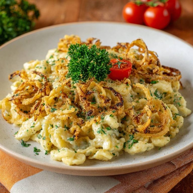 Käsespätzle mit Kräutern und Zwiebeln, garniert mit knusprigen Zwiebelringen und frischen Kräutern, in einer Nahaufnahme von oben serviert.