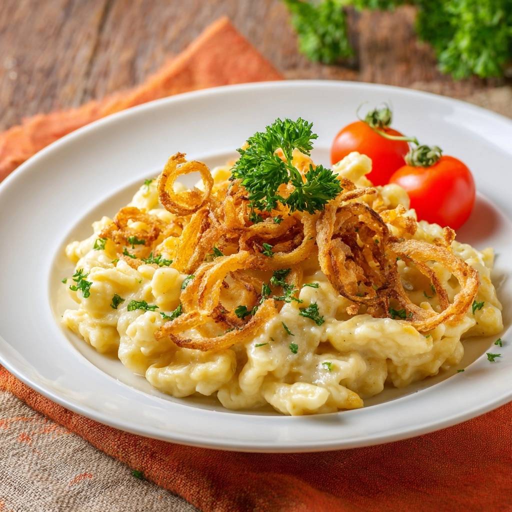 Käsespätzle mit Kräutern und Zwiebeln serviert auf einem weißen Teller, garniert mit knusprigen Zwiebeln und frischer Petersilie, dazu zwei Tomaten.