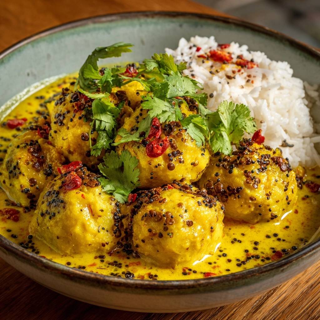 Kurkuma Koftas Gelbcurry Mit Reis Nahaufnahme 1 Kurkuma-Koftas im Gelbcurry mit Reis in einer Nahaufnahme, garniert mit frischem Koriander und roten Chiliflocken. Das Gericht wird in einer Schüssel serviert.