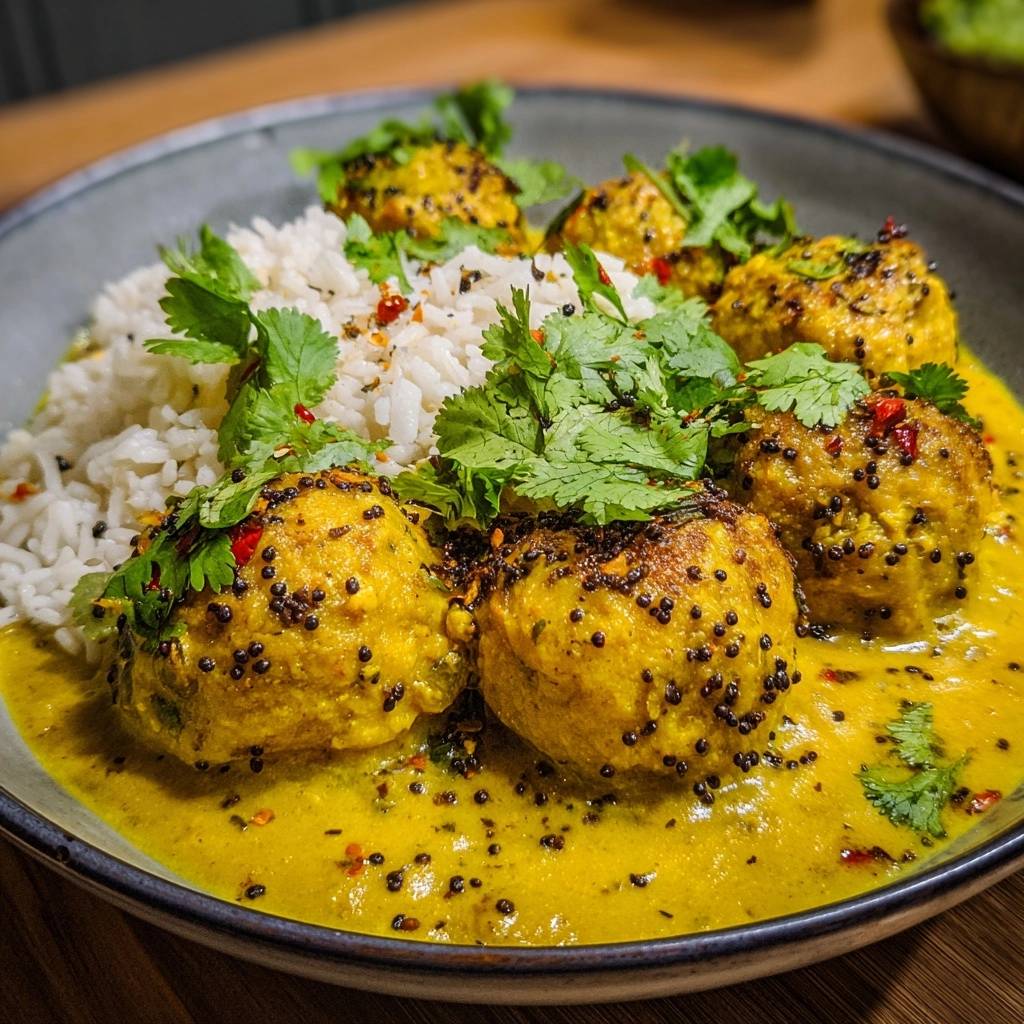 Kurkuma-Koftas im Gelbcurry mit Reis serviert in einer Schüssel, garniert mit frischem Koriander und Chili-Flocken. Das Gericht ist reich an Aromen.