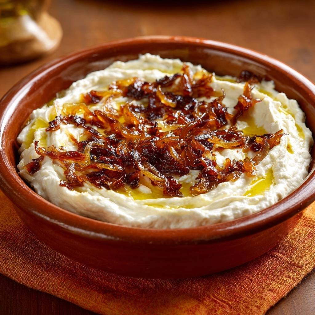 Labneh mit karamellisierten Zwiebeln, serviert in einer rustikalen Schale. Die karamellisierten Zwiebeln liegen golden und knusprig auf dem cremigen Labneh.