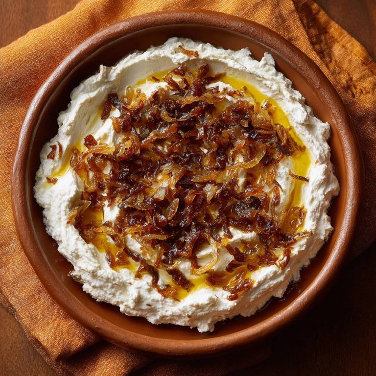 Labneh mit karamellisierten Zwiebeln, serviert in einer rustikalen Schale. Ein köstlicher Dip, garniert mit goldbraunen, karamellisierten Zwiebeln und Olivenöl.