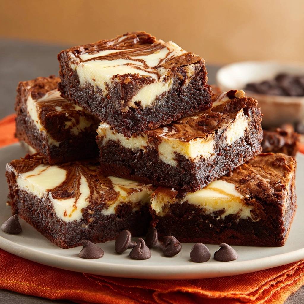 Marmor-Cheesecake-Brownies sind hier gestapelt, um die cremige Cheesecake-Schicht im Inneren der Brownies zu zeigen.