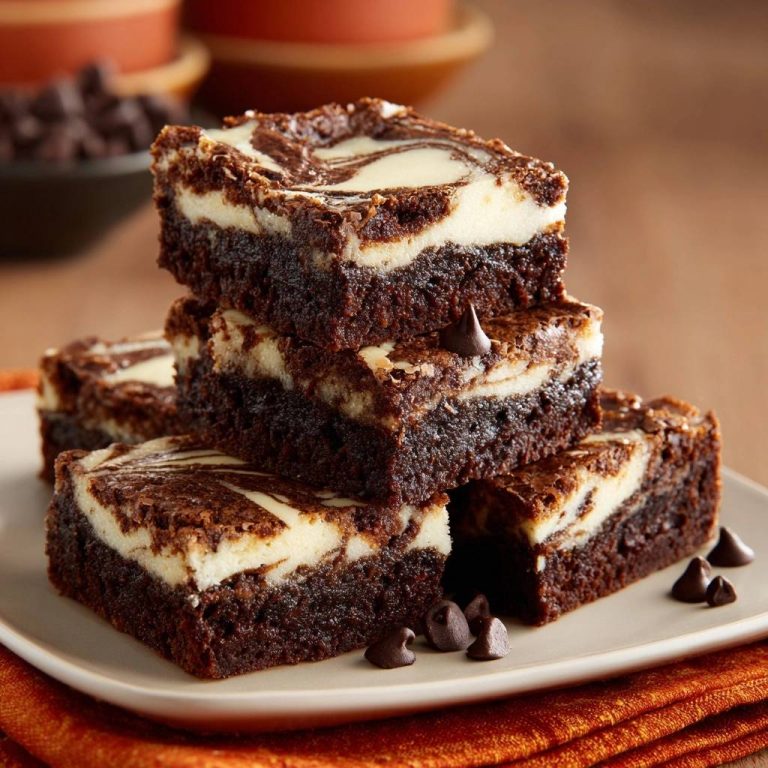 Marmor-Cheesecake-Brownies sind hier gestapelt, wobei die cremigen Käsekuchen-Swirls auf jedem Stück sichtbar sind.