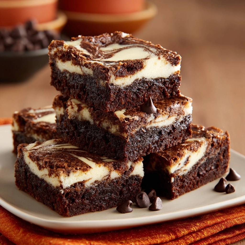 Marmor-Cheesecake-Brownies sind hier gestapelt, wobei die cremigen Käsekuchen-Swirls auf jedem Stück sichtbar sind.