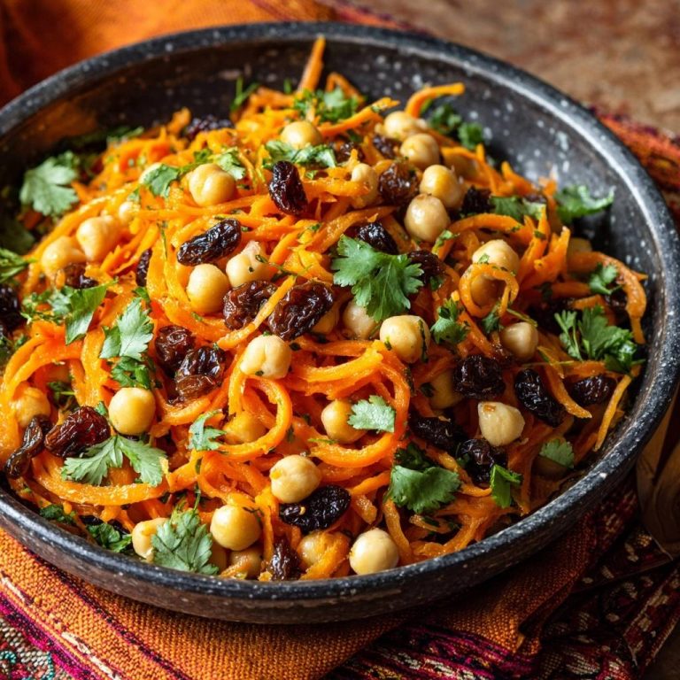 Marokkanischer Karottensalat mit Kichererbsen, eine köstliche vegane Mahlzeit, hier in einer appetitlichen Draufsicht in einer Schüssel serviert.