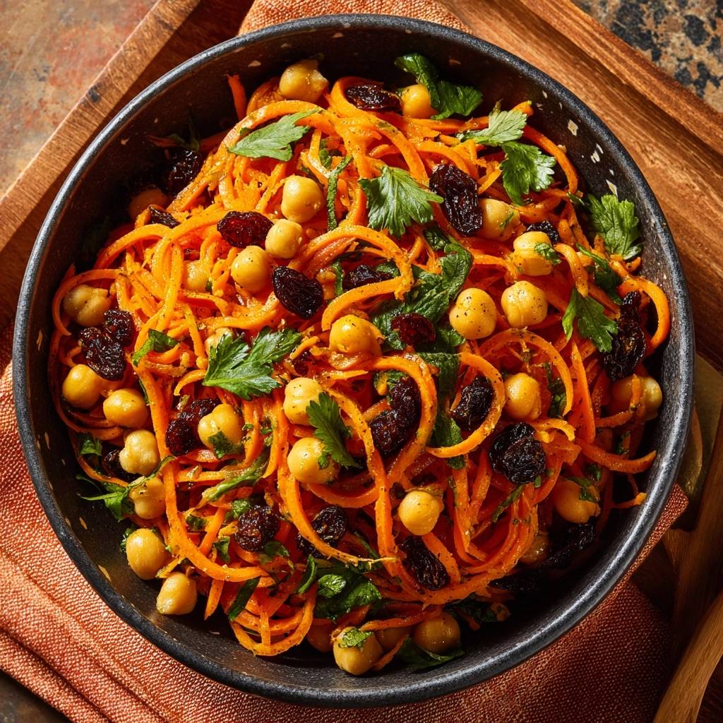 Marokkanischer Karottensalat Mit Kichererbsen Draufsicht 1 Marokkanischer Karottensalat mit Kichererbsen in einer Schüssel von oben gesehen, mit Karottennudeln, Kichererbsen, Rosinen und frischer Petersilie.
