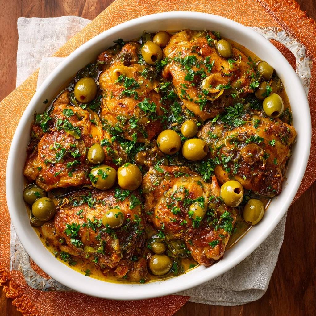 Mediterranes Huhn Mit Oliven Und Petersilie Draufsicht 1 Mediterranes Hähnchen mit Oliven und Petersilie in einer Auflaufform, garniert mit frischer Petersilie und Oliven, serviert von oben.