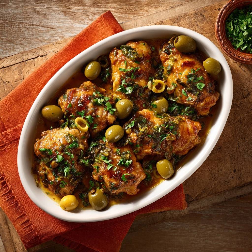 Mediterranes Hähnchen mit Oliven und Petersilie in einer ovalen Auflaufform, serviert in einer appetitlichen Draufsicht auf einem Holztisch.