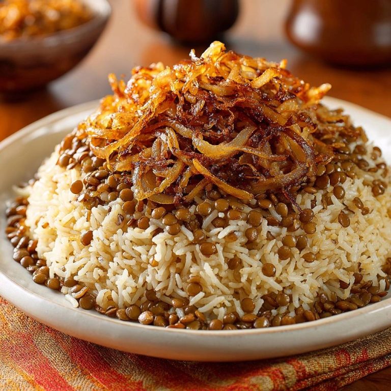 Mujaddara – Linsenreis mit knusprigen Zwiebeln, serviert in einer Schüssel, mit knusprigen Zwiebeln als Topping und Linsen in der Mitte.