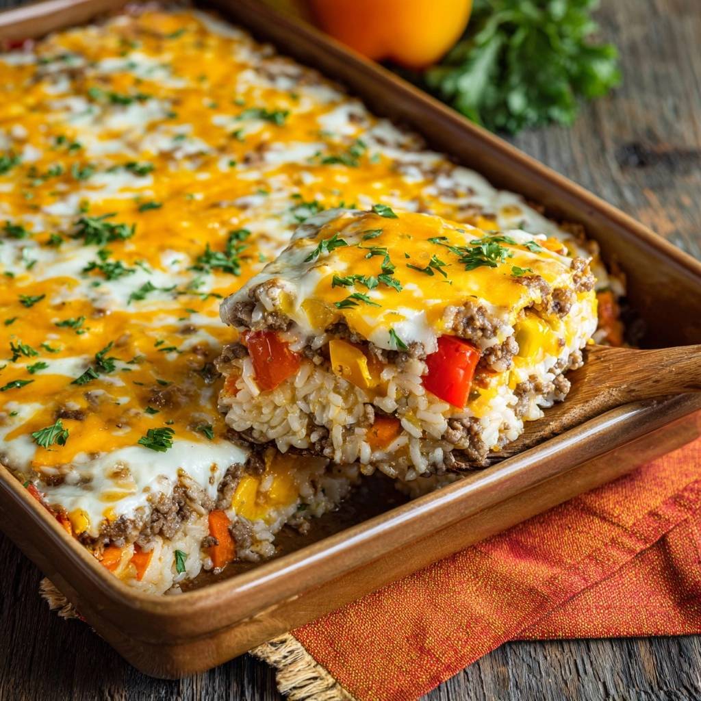 Paprika-Hack-Reis-Auflauf mit Anschnitt, der die leckeren Schichten aus Reis, Hackfleisch und Paprika zeigt, überbacken mit Käse.