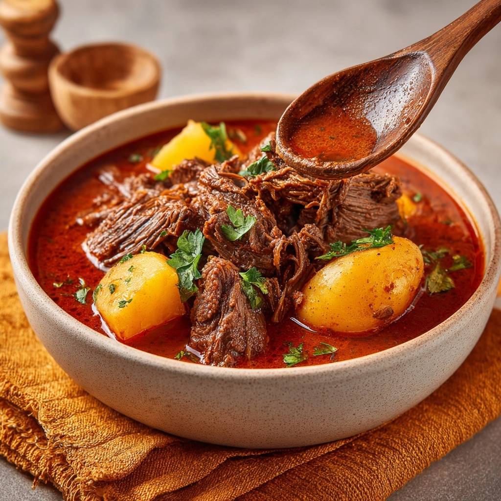 Paprika-Rindergulasch mit Kartoffeln: Ein Holzlöffel hebt die dampfende, rote Soße aus der Schüssel heraus. Das herzhafte Gericht ist servierfertig.