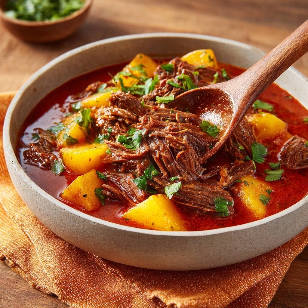 Paprika Rindergulasch Mit Kartoffeln Serviert 1 Paprika-Rindergulasch mit Kartoffeln wird in einer Keramikschale serviert. Eine hölzerne Schöpfkelle hebt eine Portion des Eintopfs heraus.