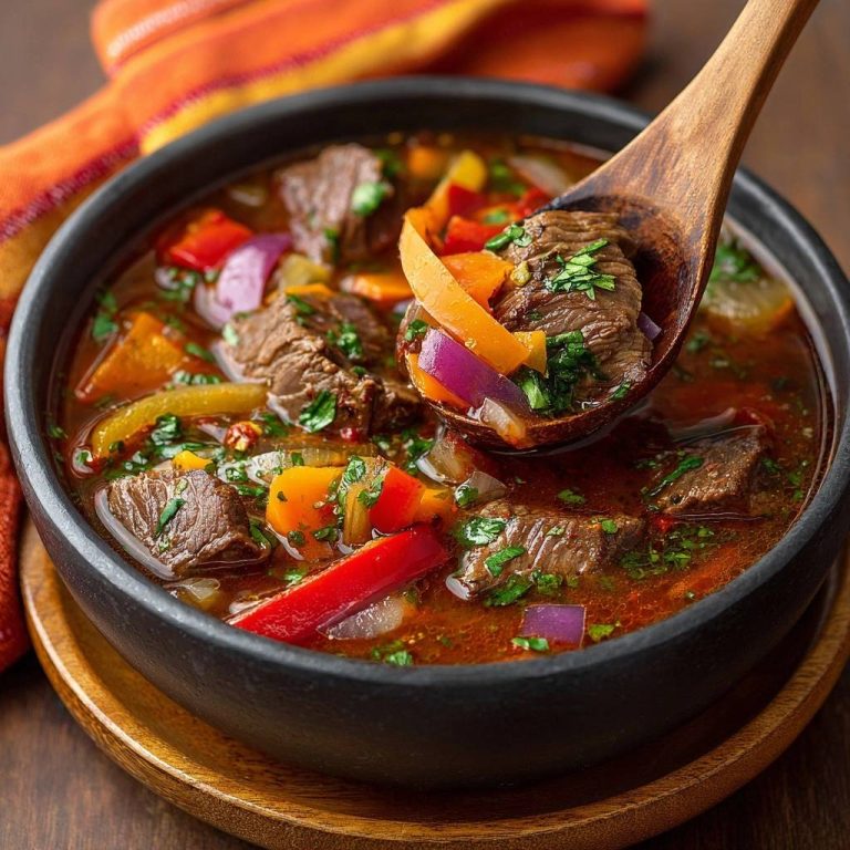 Paprika-Rindfleisch-Gulasch wird mit einem Holzlöffel aus dem Topf gehoben, detailreiche Nahaufnahme der Zutaten.