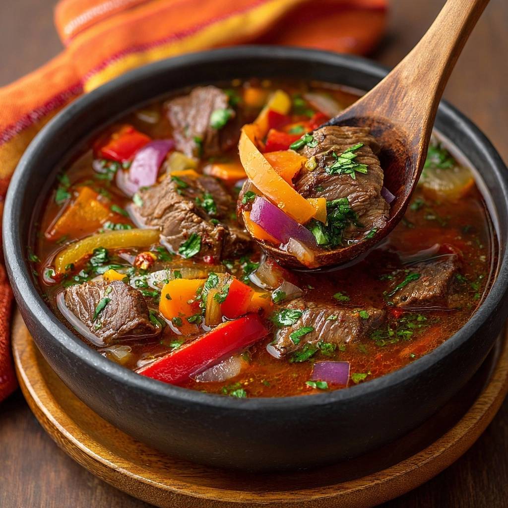 Paprika-Rindfleisch-Gulasch wird mit einem Holzlöffel aus dem Topf gehoben, detailreiche Nahaufnahme der Zutaten.