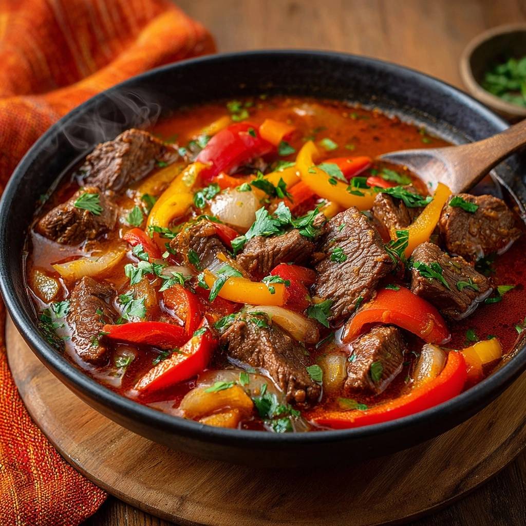 Paprika-Rindfleisch-Gulasch in einer schwarzen Schüssel serviert, mit frischen Kräutern garniert und mit einem Holzlöffel angerichtet.