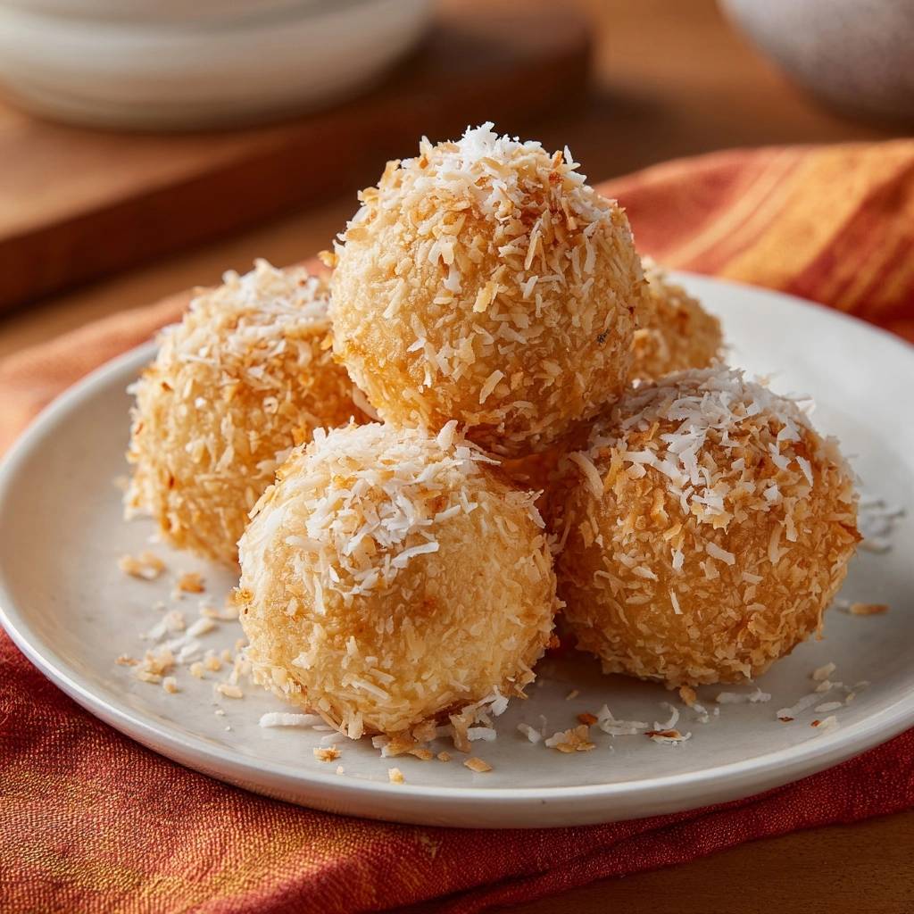 Perfekte Kokosmakronen, serviert auf einem weißen Teller, sind mit Kokosraspeln bedeckt und perfekt goldbraun gebacken.