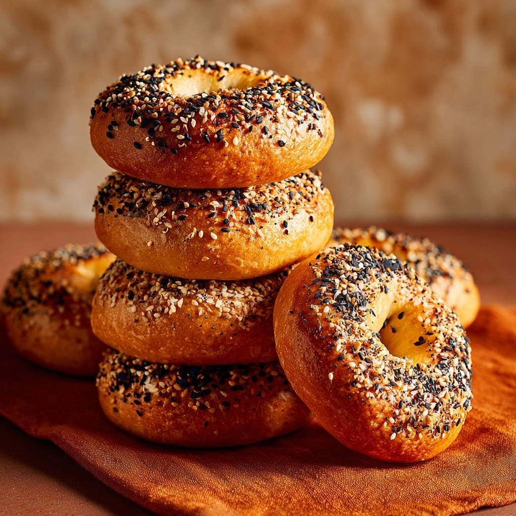 Perfekte Sesam Salz Bagels Gestapelt 1 Perfekte Sesam-Salz-Bagels sind hier in einem appetitlichen Stapel zu sehen, die mit Sesam und Salz bestreut sind.