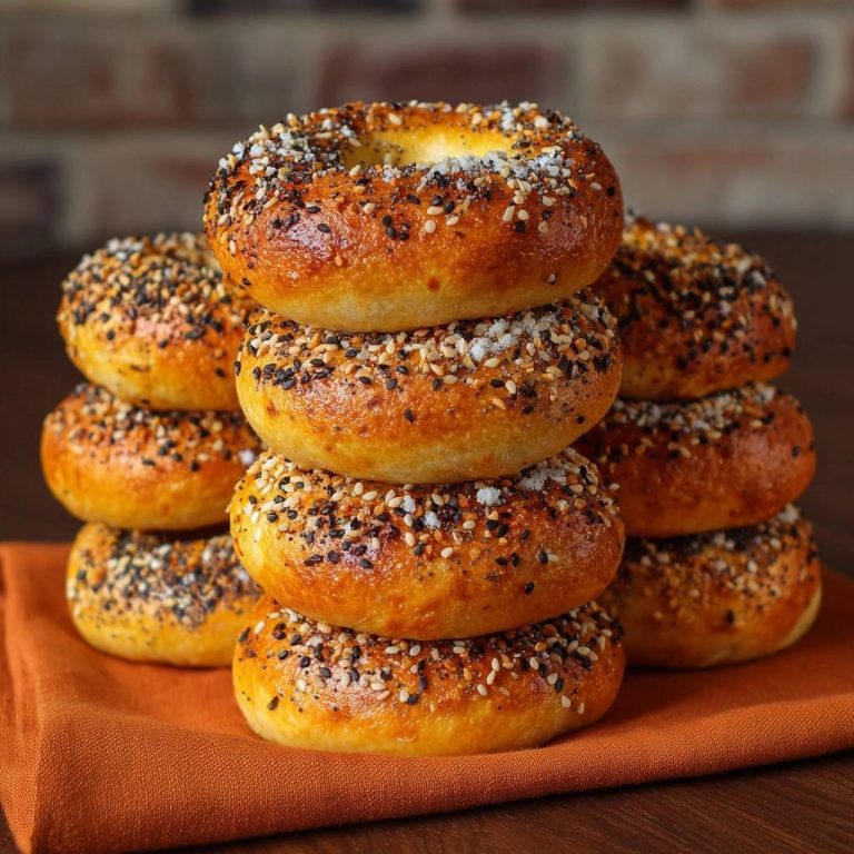 Perfekte Sesam-Salz-Bagels sind in diesem gestapelten Turm zu sehen. Die frisch gebackenen Bagels sind mit Sesam und Salz bestreut.