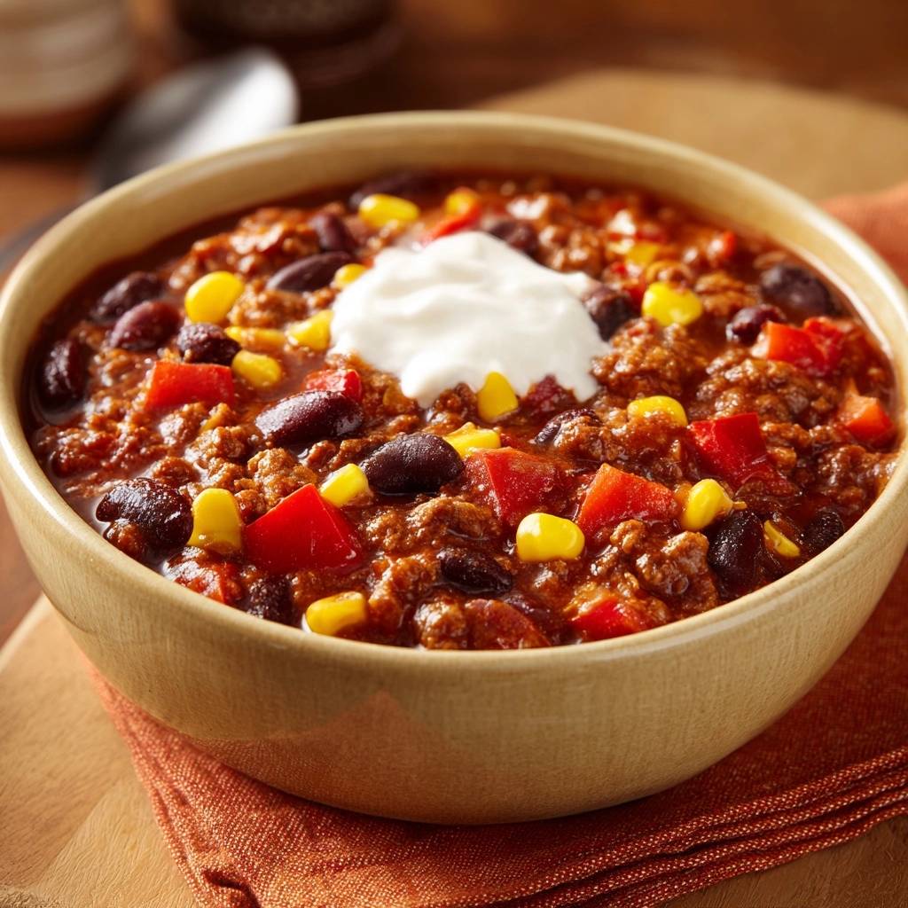 Perfektes Chili con Carne, serviert in einer Keramikschüssel, garniert mit einem Klecks saurer Sahne, für ein cremiges Finish.
