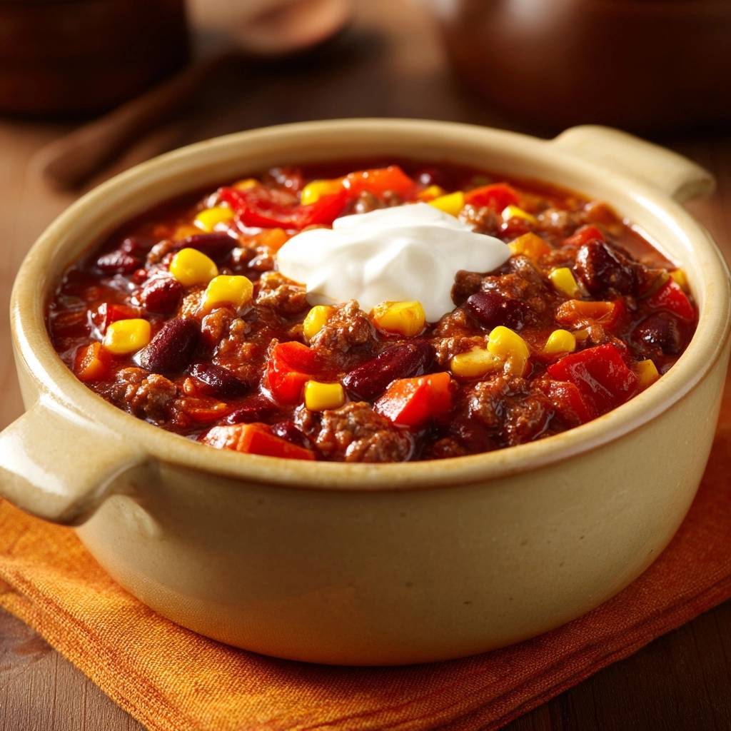 Perfektes Chili con Carne, serviert in einer rustikalen Schüssel, garniert mit einem Klecks saurer Sahne, für ein cremiges Finish.