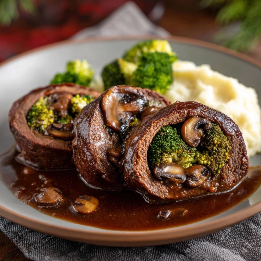 Pilz-Brokkoli-Rouladen mit Kartoffelpüree, die im Querschnitt die saftige Füllung aus Brokkoli und Pilzen zeigen, serviert.