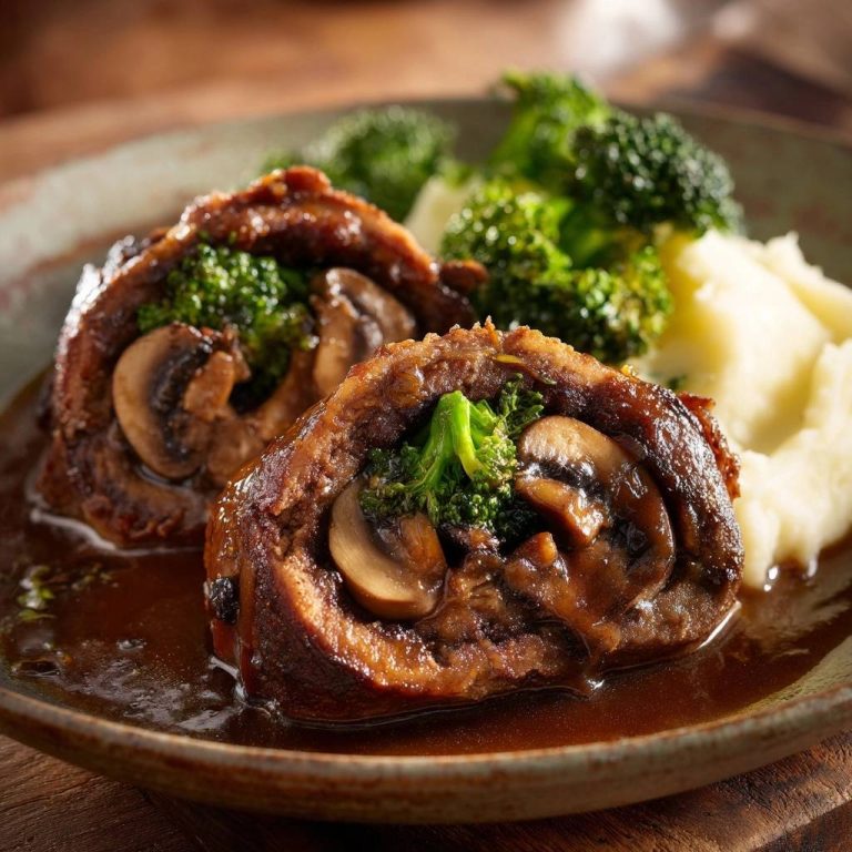 Pilz-Brokkoli-Rouladen mit Kartoffelpüree, serviert auf einem Teller. Nahaufnahme zeigt den saftigen Querschnitt der Rouladen mit Gemüsefüllung.