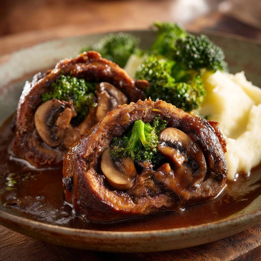 Pilz-Brokkoli-Rouladen mit Kartoffelpüree, serviert auf einem Teller. Nahaufnahme zeigt den saftigen Querschnitt der Rouladen mit Gemüsefüllung.