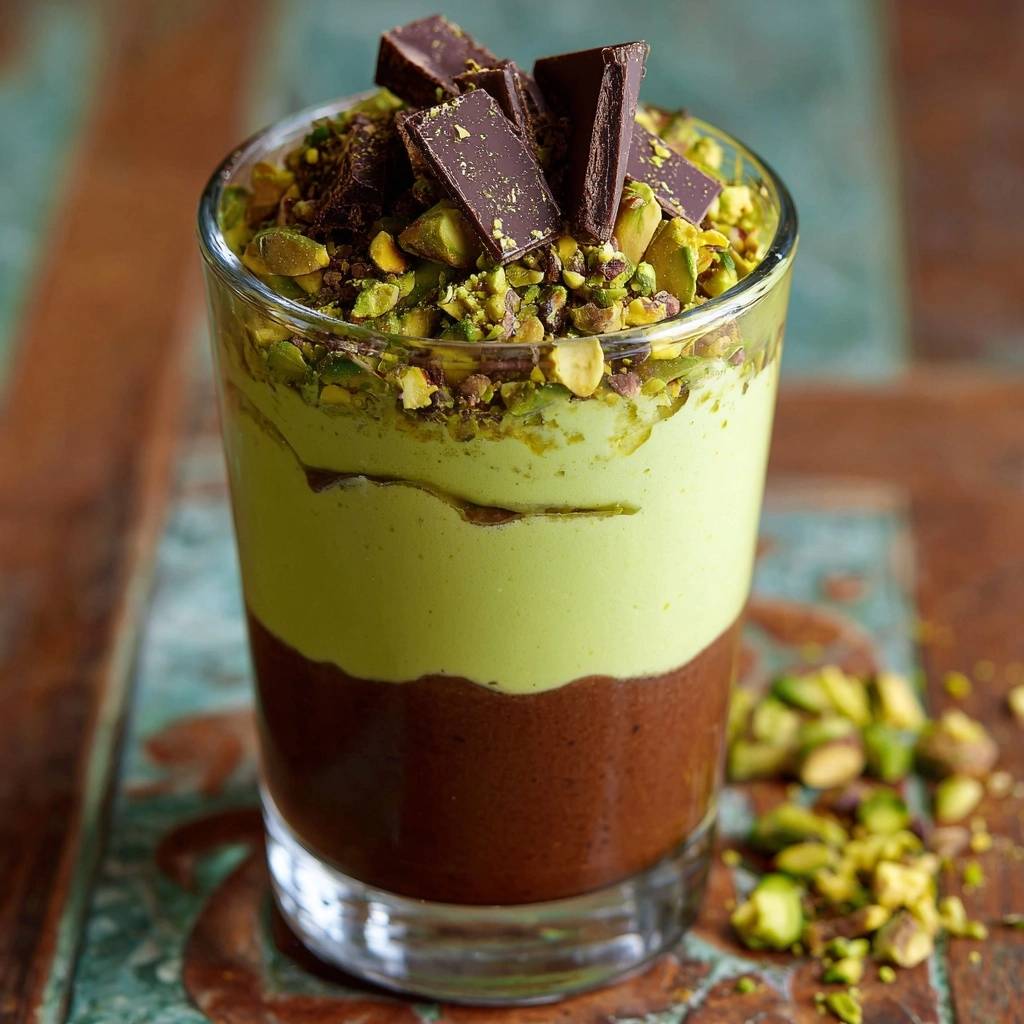 Pistazien Schoko Mousse Im Glas Nahaufnahme 1 Pistazien-Schoko-Mousse im Glas: Ein köstliches Dessert mit Schichten aus Schokoladenmousse, Pistazien und Schokoladenstücken im Nahaufnahme-Format.