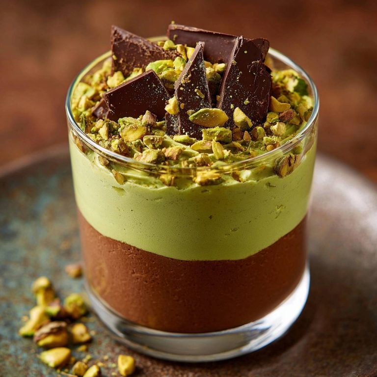 Pistazien-Schoko-Mousse im Glas: Ein köstliches Dessert mit Schokoladenstückchen, grünem Pistazien-Mousse und knackigen Pistazien, nah aufgenommen.