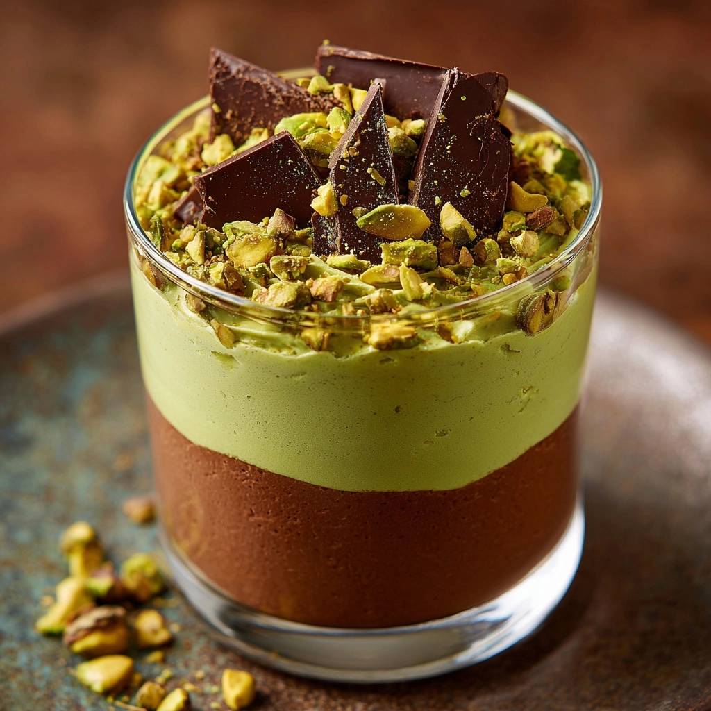 Pistazien-Schoko-Mousse im Glas: Ein köstliches Dessert mit Schokoladenstückchen, grünem Pistazien-Mousse und knackigen Pistazien, nah aufgenommen.