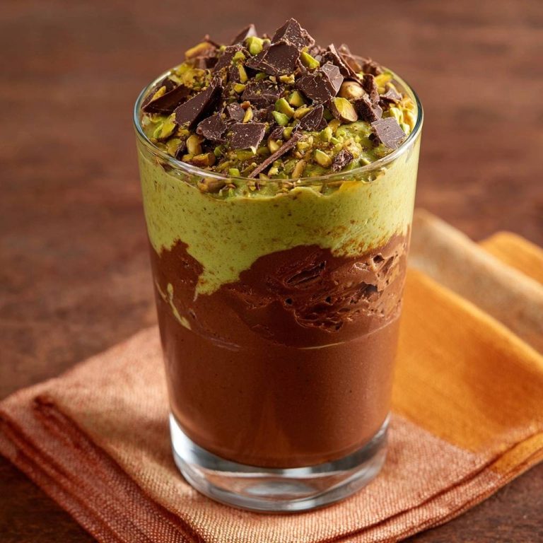 Pistazien-Schokoladen-Mousse im Glas: Eine Nahaufnahme zeigt die cremigen Schichten, garniert mit gehackten Pistazien und Schokoladenstückchen.
