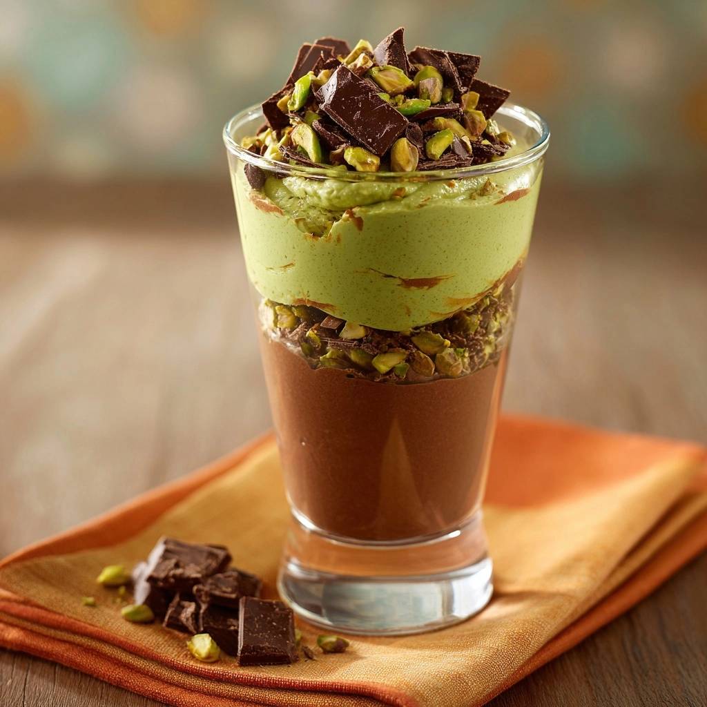 Pistazien Schokoladen Mousse Im Glas Querschnitt 1 Pistazien-Schokoladen-Mousse im Glas zeigt einen appetitlichen Querschnitt mit cremiger Schokoladenmousse, Pistazien und einem üppigen grünen Topping.