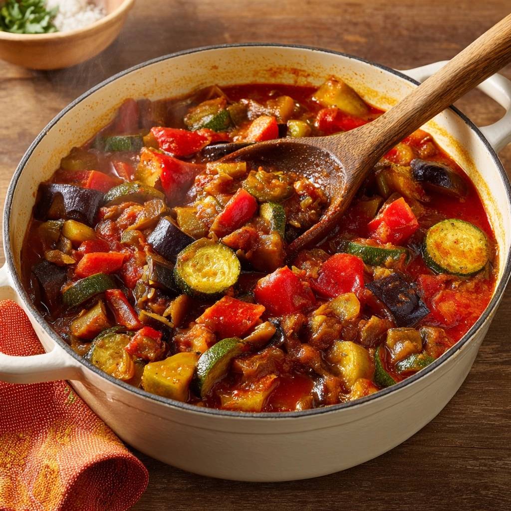 Provenzalisches Ratatouille In Der Pfanne Von Oben 1 Provenzalisches Ratatouille in einer Pfanne serviert, mit einem Holzlöffel, der das dampfende Gemüse umrührt und servierbereit macht.
