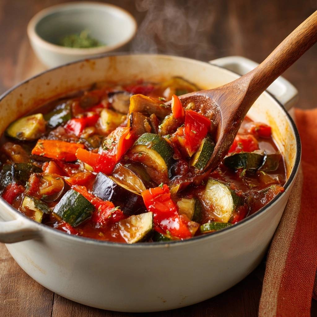 Provenzalisches Ratatouille in einer Schüssel mit einem Holzlöffel serviert. Der dampfende Eintopf zeigt die frischen Gemüse im Detail.
