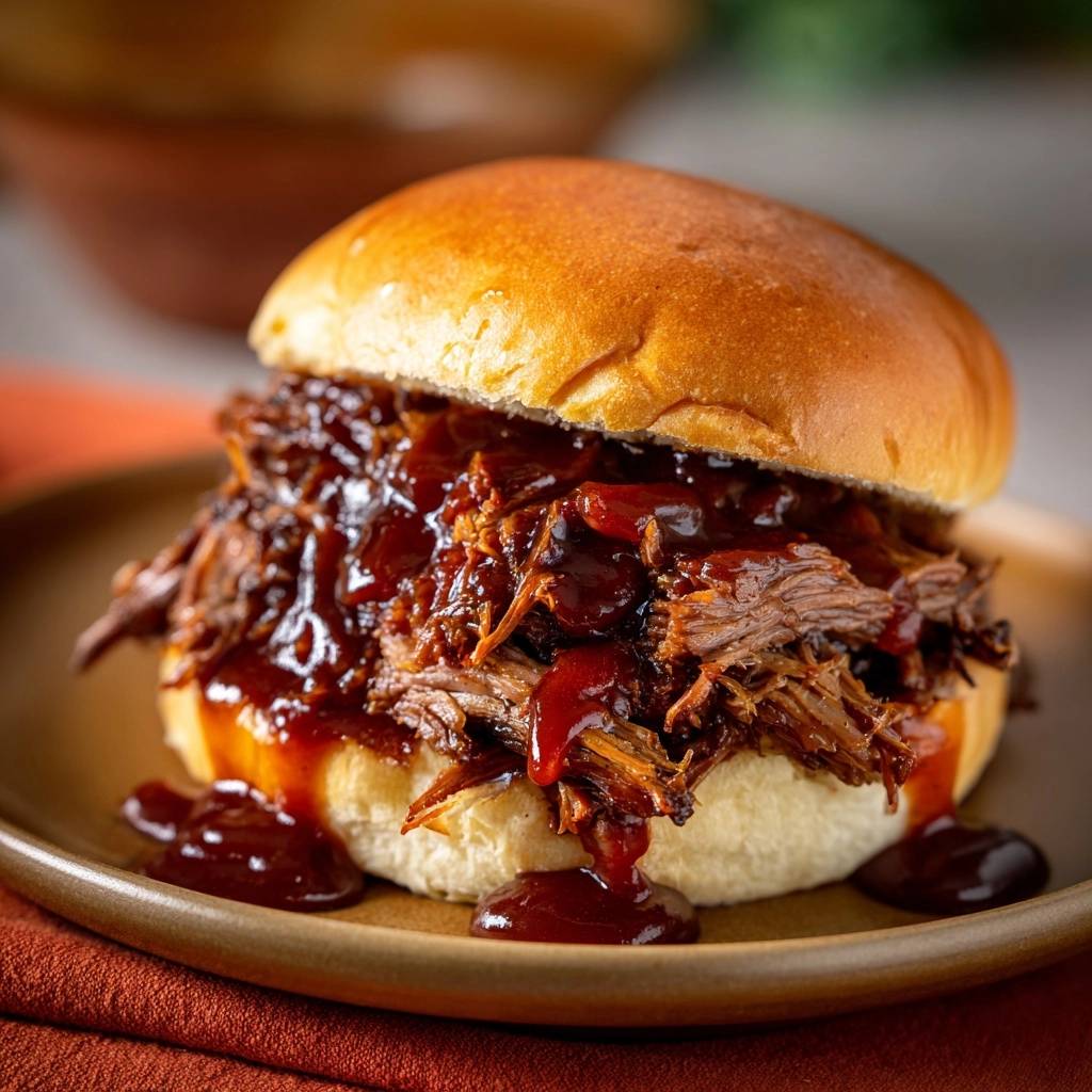 Pulled Beef Burger in Nahaufnahme, üppig mit BBQ-Sauce belegt, präsentiert auf einem rustikalen Teller. Das saftige Fleisch quillt aus dem Brötchen.