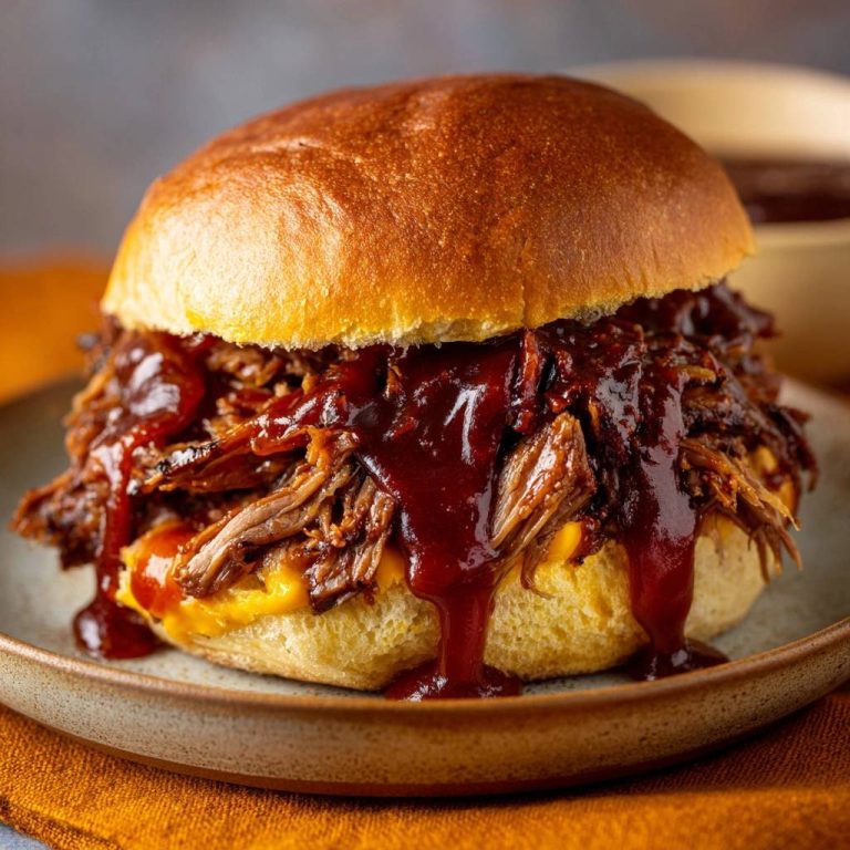Pulled Beef Burger: Nahaufnahme des saftigen Burgers mit geschmolzenem Käse und reichlich BBQ-Sauce, die herrlich heruntertropft.