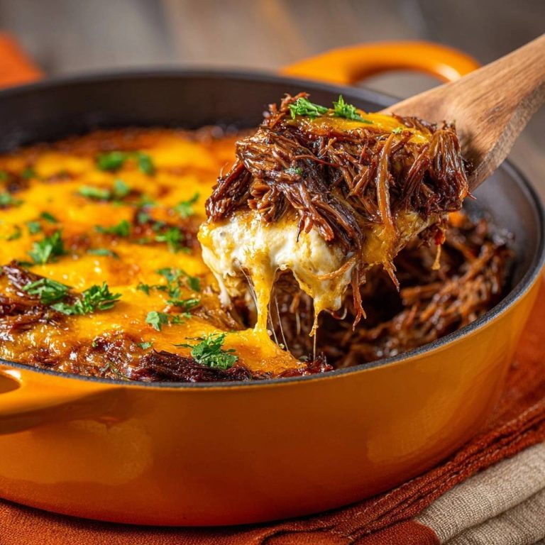Pulled Beef mit Käsekruste auf einem Holzlöffel serviert. Geschmolzener Käse zieht sich beim Herausheben aus der Auflaufform.