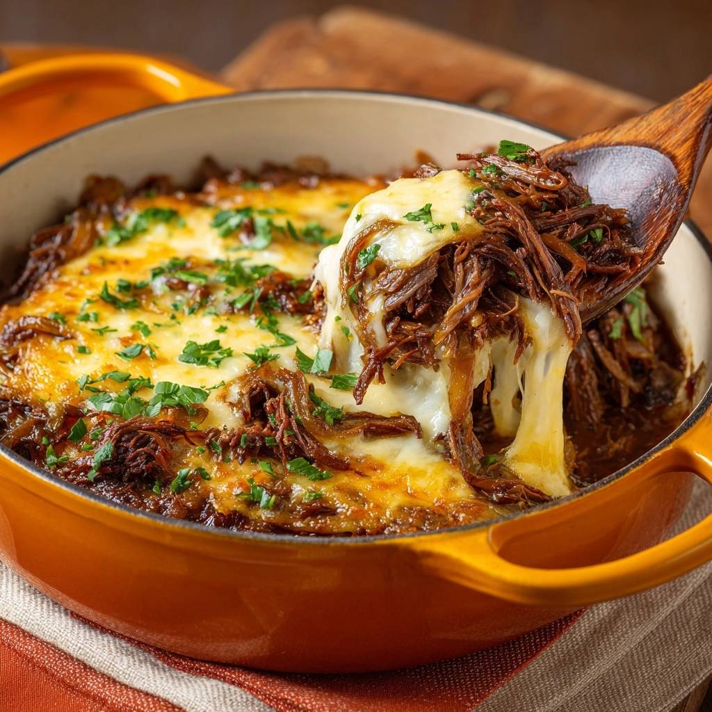 Pulled Beef mit Käsekruste in Nahaufnahme: Ein Löffel voll saftigem Fleisch und geschmolzenem Käse, der gerade aus dem Auflauf gehoben wird.