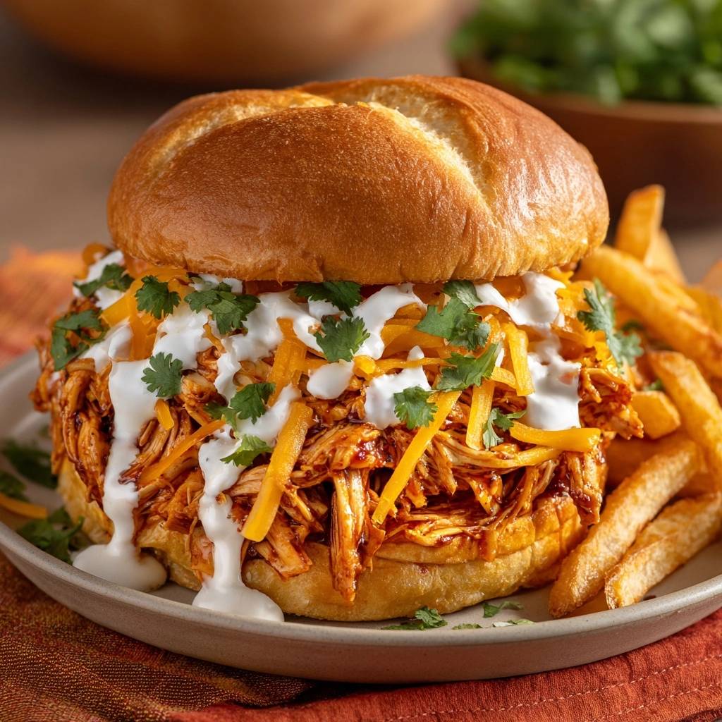 Pulled Chicken Burger Mit Cheddar Serviert 1 Pulled-Chicken-Burger mit Cheddar, Koriander & Sahnesauce serviert auf einem Teller. Köstlicher Burger mit cremiger Sauce und knusprigen Pommes.